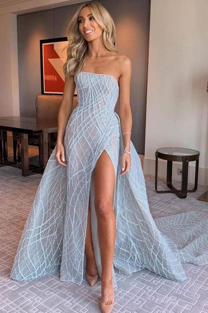 edgynewlook Stunning Light Blue Sleeveless Strapless Long Split Prom Dress with Embroidery