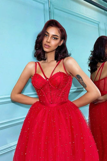 Red Spaghetti-Straps Pearls Tulle Prom Dress On Sale PD0548