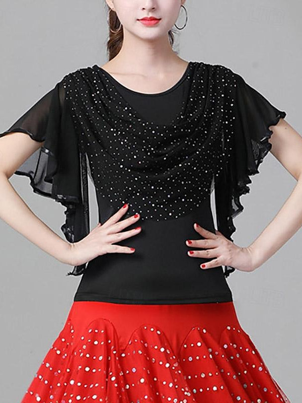 Women's Latin Dance Ballroom Dance Top Ruffles Pure Color Splicing Women's Performance Short Sleeve