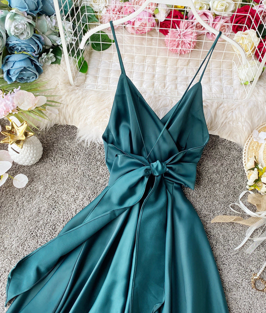 Simple A line v neck satin dress fashion girl dress  915