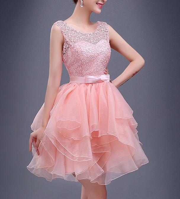 Charming A-line pink lace short prom dress,homecoming dresses  7707