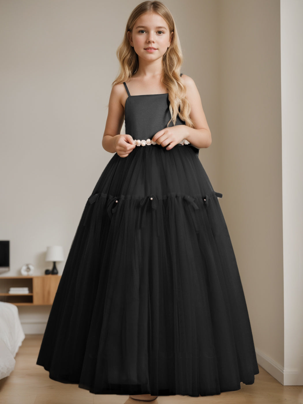 A-Line/Princess Square Neck Sleeveless Floor-Length Flower Girl Dress with Beading