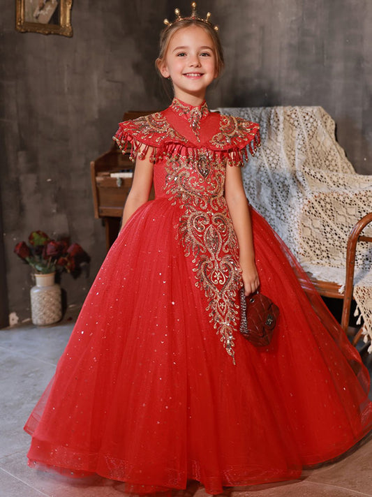 Floor Length High Neck Traditional Flower Girl Party Dresses with Rhinestone Appliques