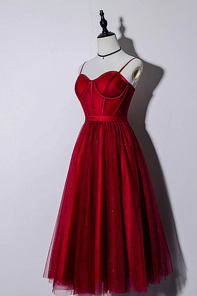 Beautiful Dark Red Tea Length Straps Wedding Party Dress, Homecoming Dress gh296