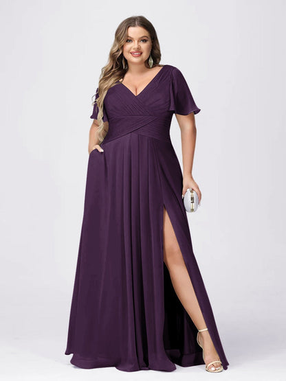 A Line/Princess V-Neck Short Sleeves Plus Size Bridesmaid Dresses with Split Side