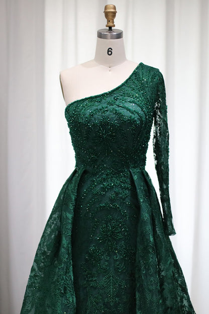 Edgynewlook Emerald One Shoulder Long Sleeves Prom Dress Tulle With Diamond Appliques