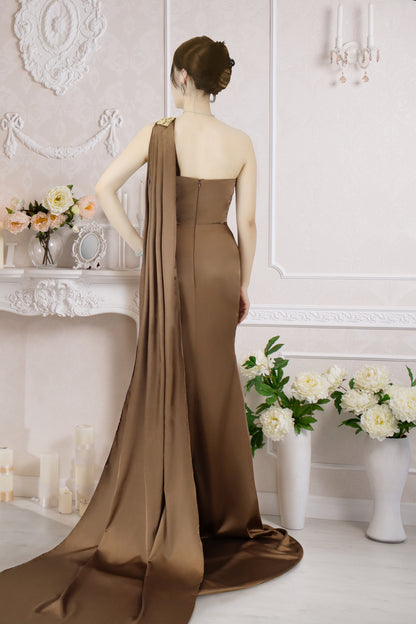 Long Prom Dress With Slit One Shoulder Sleeveless Brown YX00009