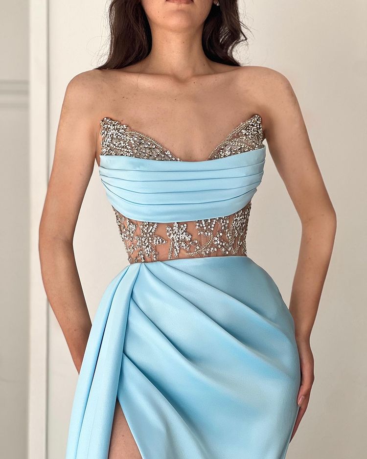 Gorgeous Sky Blue Strapless Beadings Mermaid Prom Dress With Split ED0498