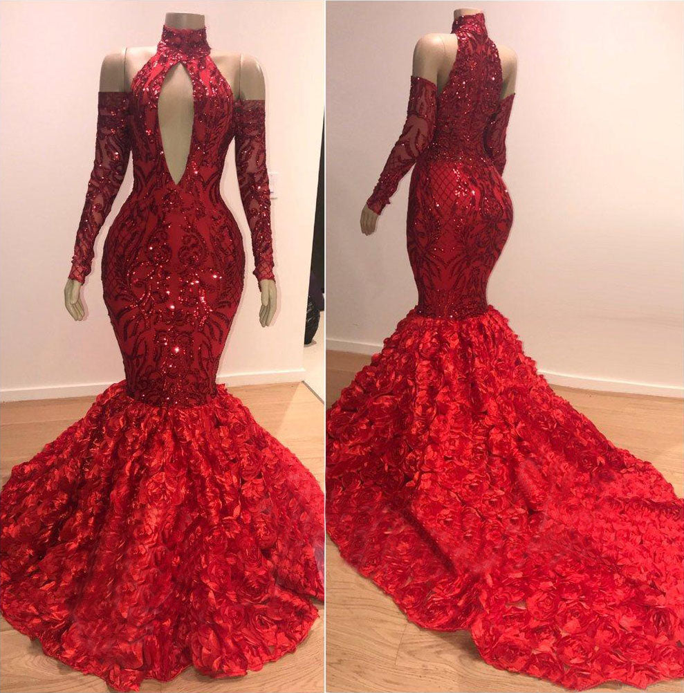 Burgundy High Collar Long Sleeves Prom Dress Mermaid Sequins PD0646