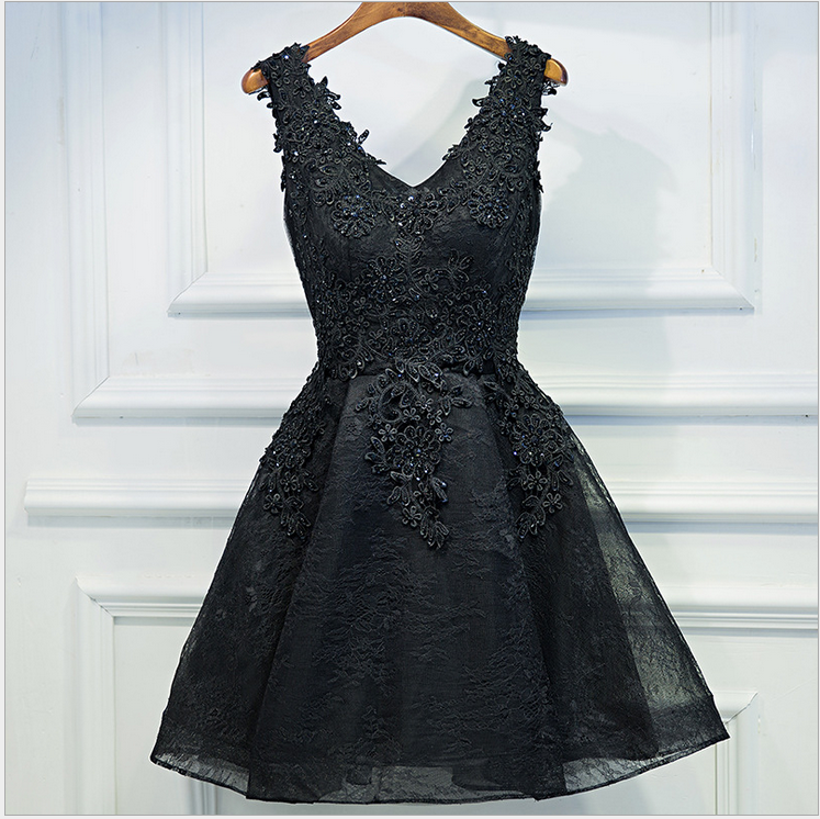 Cute black v neck lace short prom dress,homecoming dresses  7680