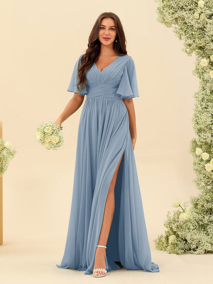 A-Line/Princess V-Neck Half Sleeves Chiffon Bridesmaid Dresses With Pockets & Split Side