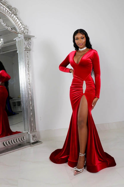 Red Prom Dress Long Sleeve Simple With High Slit Pleated YL0138