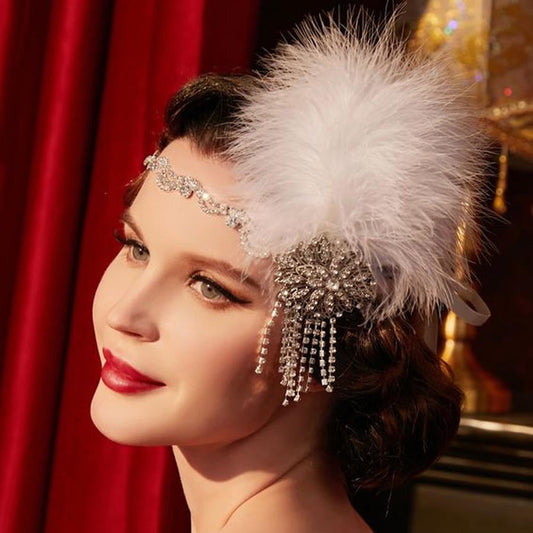 Vintage Classic Feather Side Rhinestone Floral Tassel Headpiece