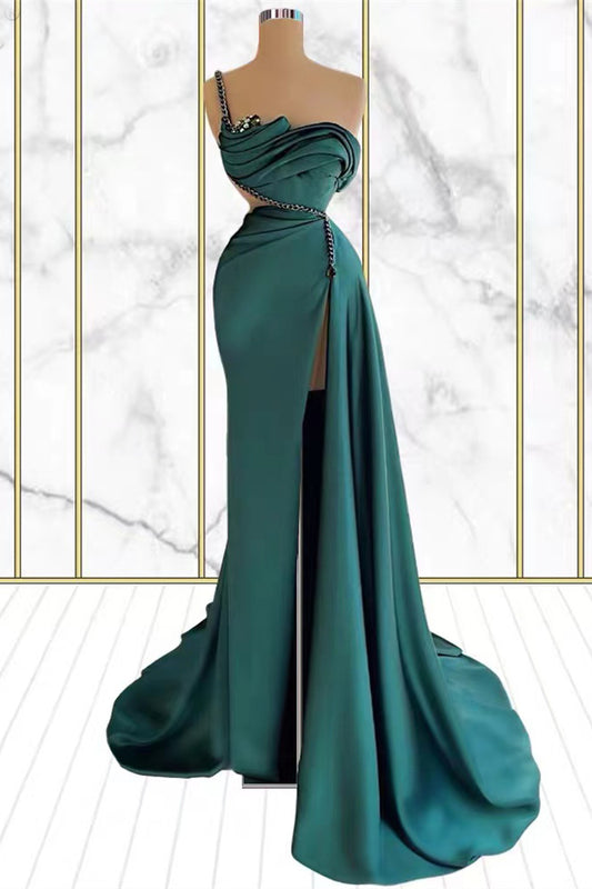 Emerald One Shoulder Rhinestone Mermaid Prom Dress With Split PD0708