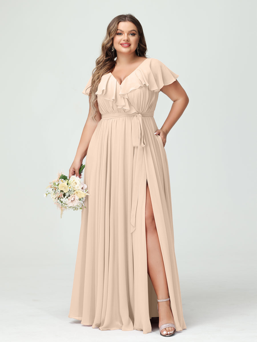 A-Line/Princess V-Neck Short Sleeves Chiffon Plus Size Bridesmaid Dresses With Pockets,Ruffles  ,Ruched & Split Side