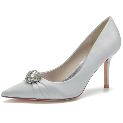 Women's Wedding Silk Satin Stiletto Heel Pointed Toe Bridal Shoes with Big Crystal