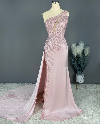 Okdais Blushing Pink Prom Dress Long Party Mermaid Sequins Sleeveless One Shoulder X0026