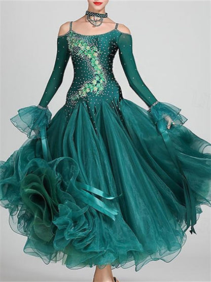 Women's Dancewear Ballroom Dance Dress Rhinestone Tulle Women's Performance Long Sleeve Polyester