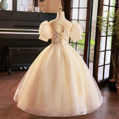 Ball Gown Short Sleeves Flower Girl Party Dresses with Rhinestone Appliques