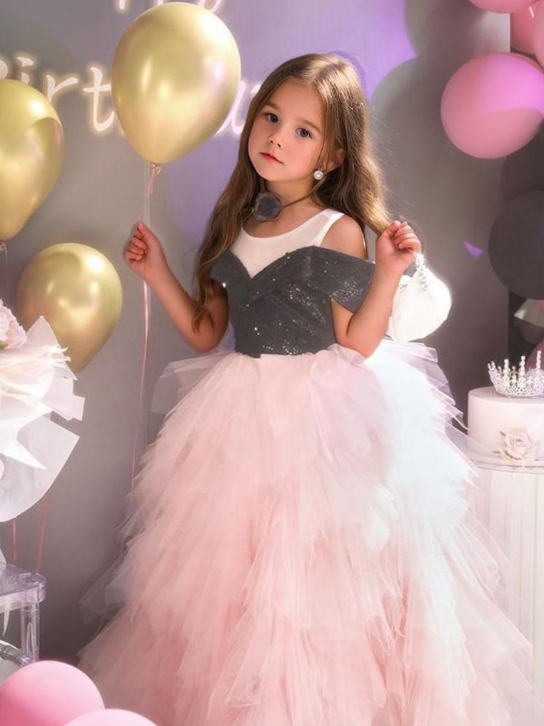 Off-the-Should Floor Length A-Line/Princess Girl Party Dress with Ruffles Tulle