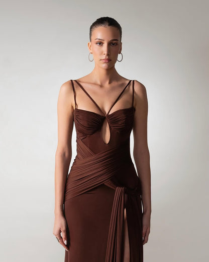 Chocolate Spaghetti-Straps Split Pleated Summer Prom Dress ZT0634