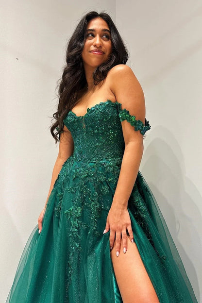 Elliana | Glitter Emerald Appliques Off-the-Shoulder A-Line Long Prom Dress