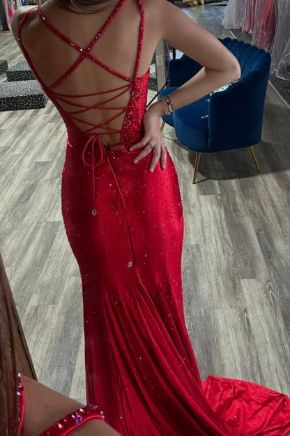 Red Rhinestones Beaded Split Cross Straps Prom Dress ZT0494