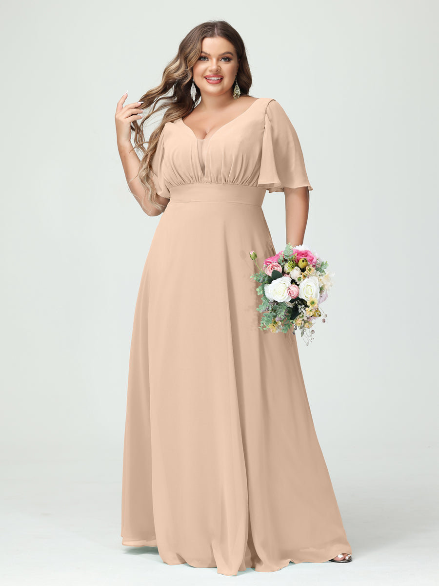 A-Line/Princess V-Neck Half Sleeves Chiffon Plus Size Bridesmaid Dresses with Pockets