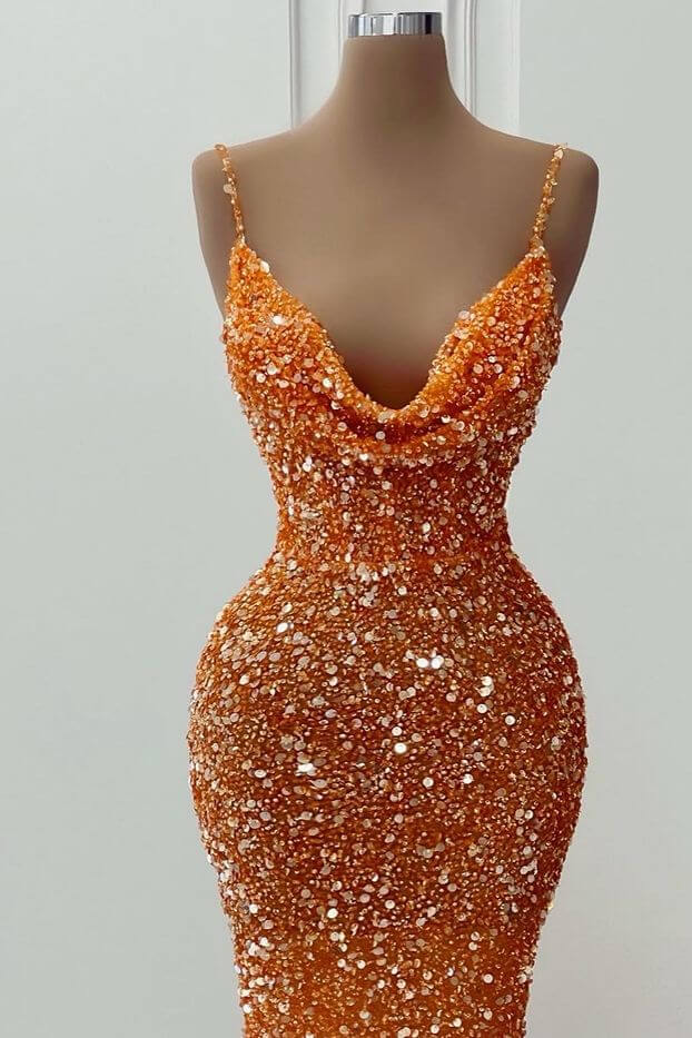 Orange V-Neck Spaghetti-Straps Long Mermaid Prom Dress With Sequins ED0234