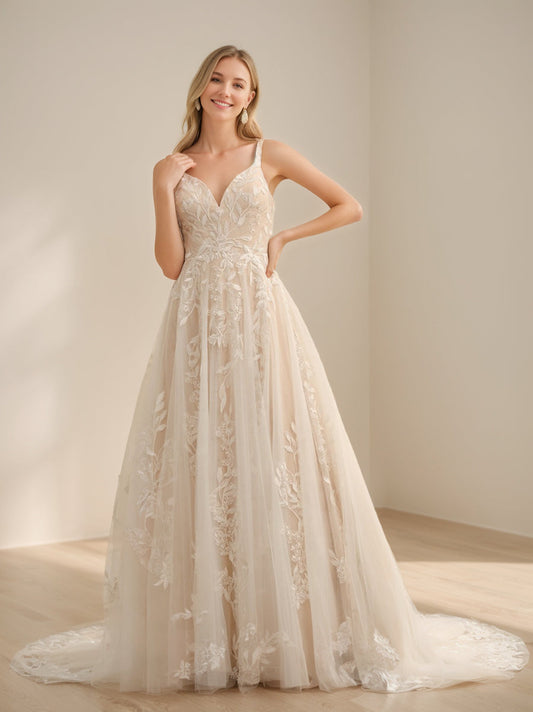 A-Line/Princess Spaghetti Straps Sleeveless Long Wedding Dresses with Appliques