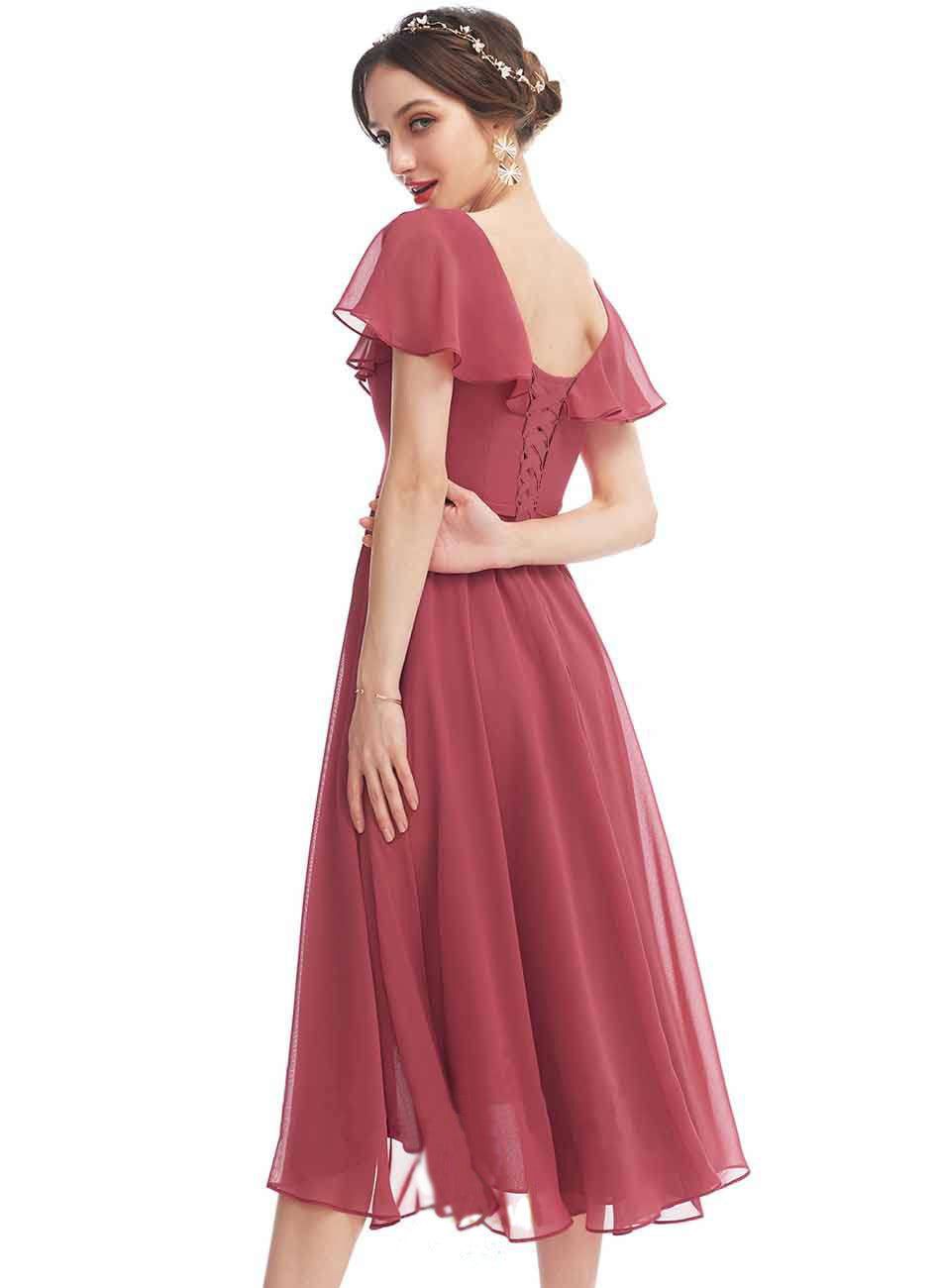 Tender Pink V Neck Homecoming Dress Short Sleeve Prom Dress SYYS058