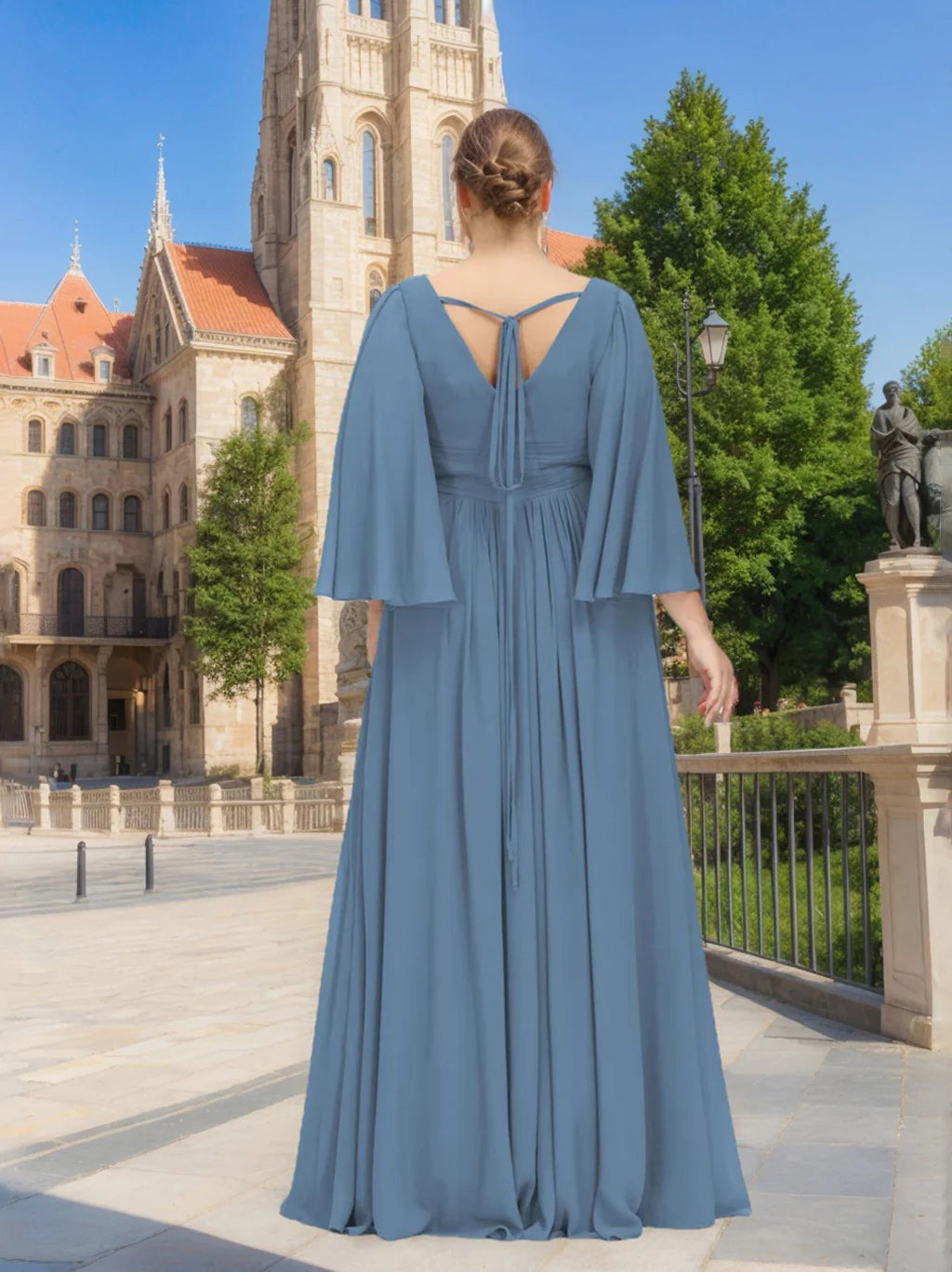 A-Line/Princess Deep V-Neck Long Sleeves Floor-Length Unique Plus Size Bridesmaid Dresses with Split Side & Ruffles