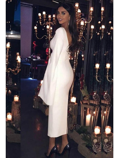 Sheath/Column Tea-Length Jewel Neck Long Sleeve Cocktail Dresses