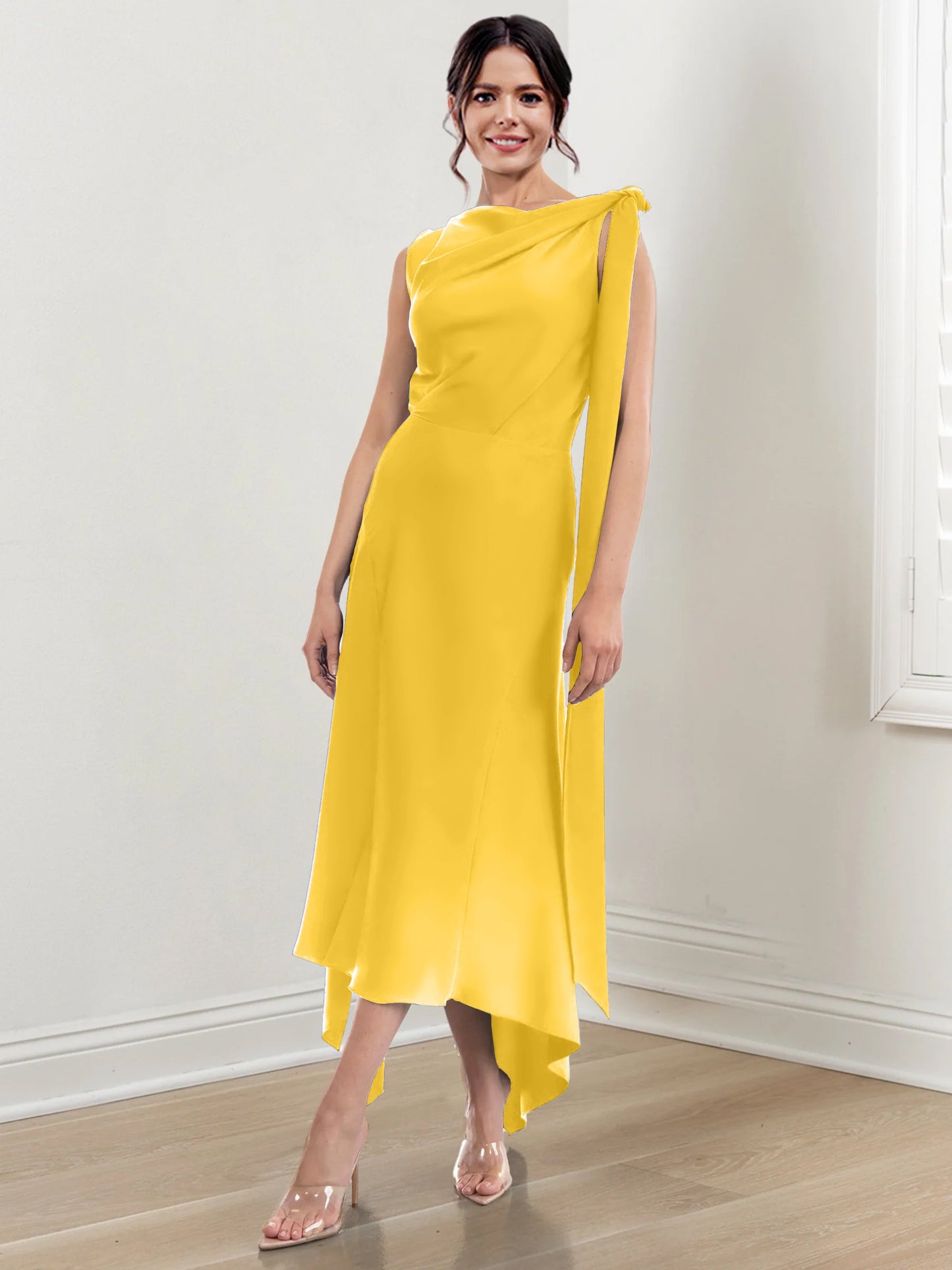 Sheath/Column Jewel Neck Tea-Length Asymmetrical Mother of the Bride Dresses with Ruched