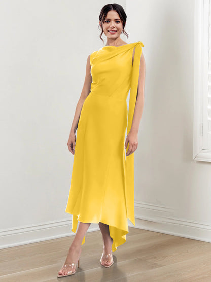 Sheath/Column Jewel Neck Tea-Length Asymmetrical Mother of the Bride Dresses with Ruched