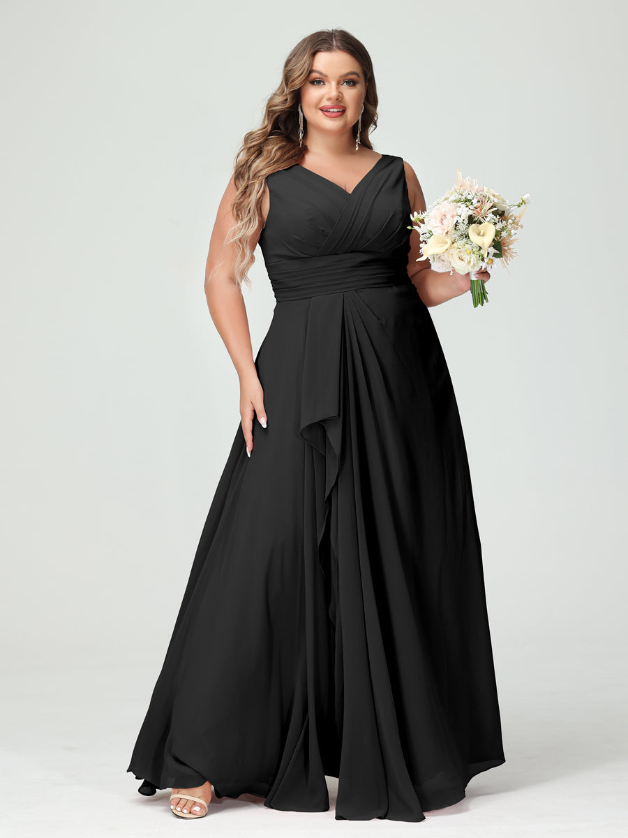 A-Line/Princess V-Neck Sleeveless Chiffon Ruffles Plus Size Bridesmaid Dresses with Pockets & Ruffles