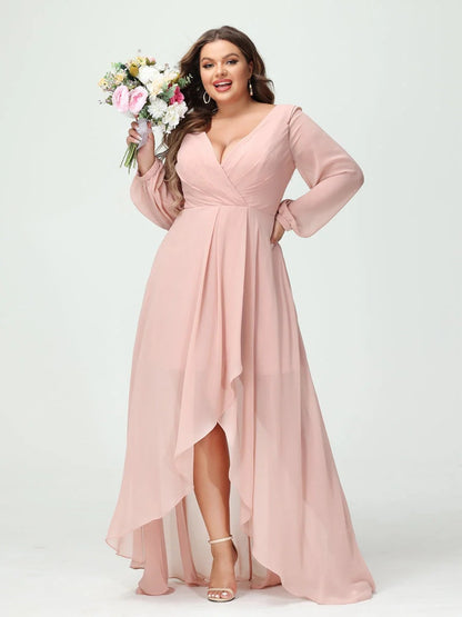 A-Line/Princess V-Neck Long Sleeves Asymmetrical Plus Size Bridesmaid Dresses with Pockets