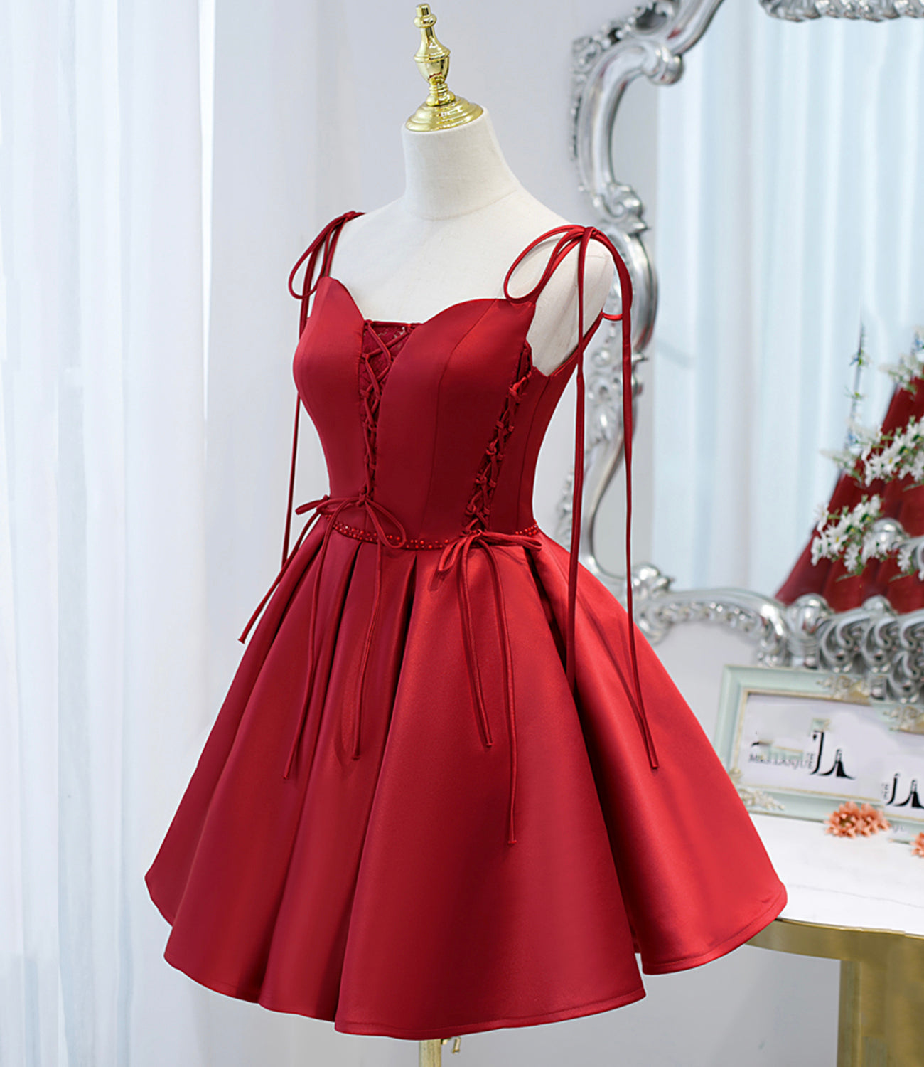 Burgundy satin lace-up short prom dress party dress  10098