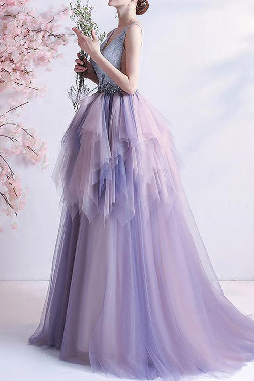 Edgynewlook Sleeveless Long Prom Dress V-Neck Tulle Layered With Beads Online