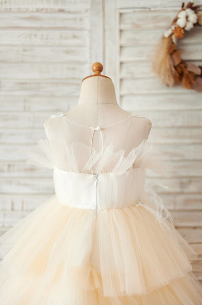 Satin Tulle Knee-length Champagne Flower Girl Dress