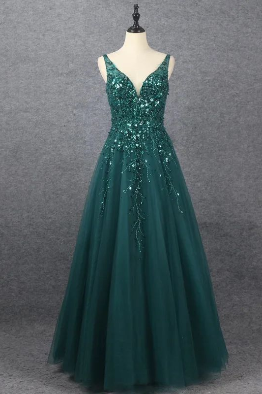 Edgynewlook Emerald V Neck Floor Length Prom Dress A Line Sleeveless With Appliques