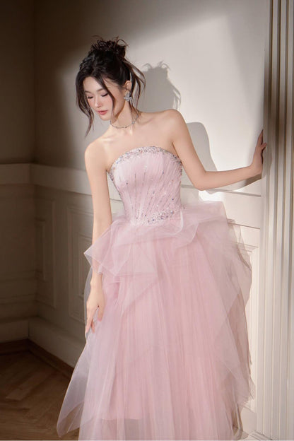 edgynewlook Charming Blushing Pink Tulle Sleeveless Strapless Ruffles Prom Dress with Sequins