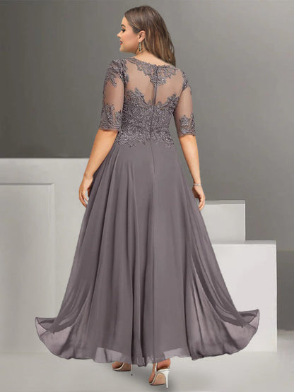 Chiffon Jewel Neck Half Sleeves Ankle-Length Plus Size Mother of the Bride Pantsuits with Lace