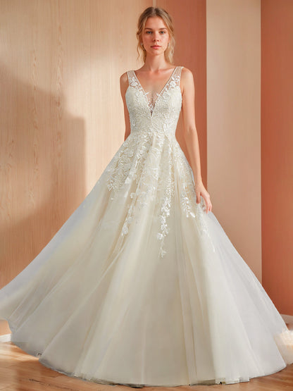 A-Line/Princess Deep V-Neck Sleeveless Floor-Length Long Wedding Dress with Appliques