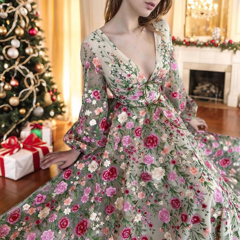 A-Line/Princess V-Neck Long Sleeves Floral Formal Party Dresses With Flowers