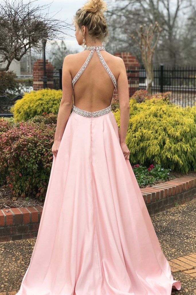 Pink Halter Sleeveless Mermaid Prom Dress With Beads PD0602