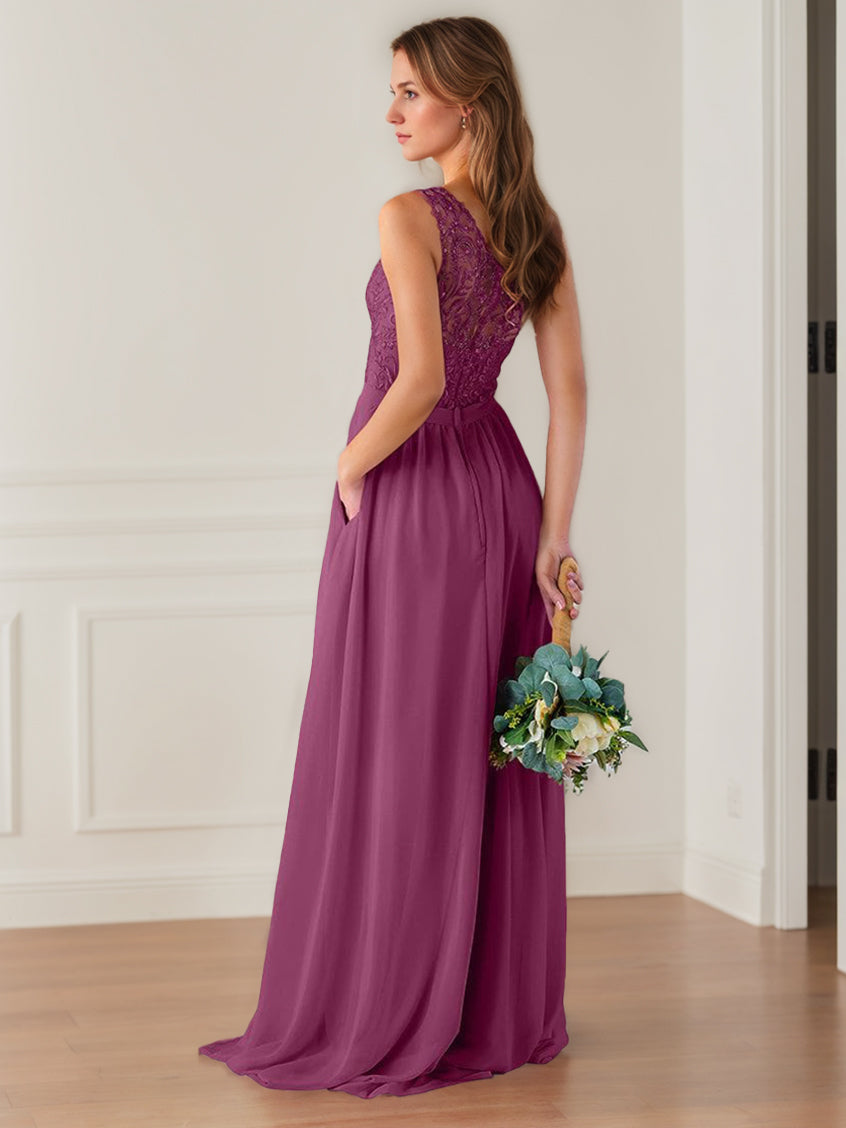 A Line/Princess One-Shoulder Sleeveless Floor-Length Bridesmaid Dresses with Lace,Beaded & Embroidered