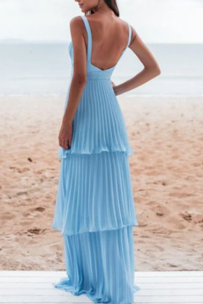 Sky Blue Semi-formal Pleated Layered Long Prom Dress ZT0581