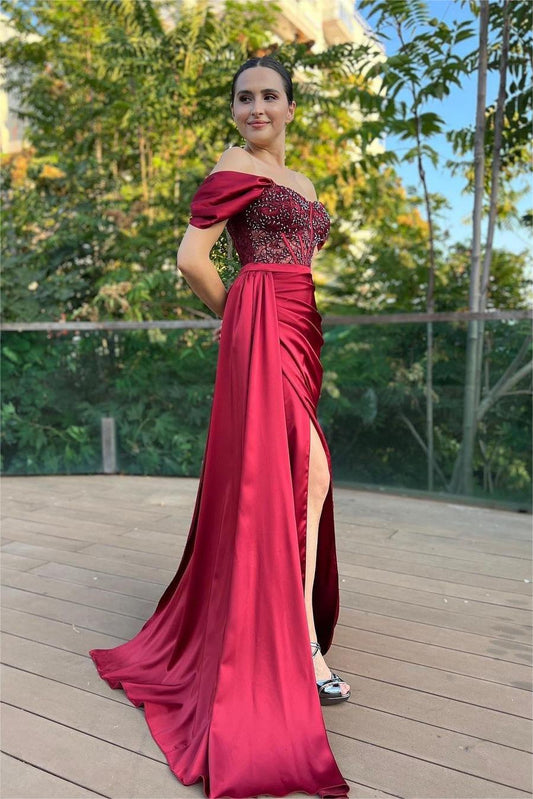 edgynewlook Stunning Red Satin Pleated Off the Shoulder Applique Prom Dress with Split