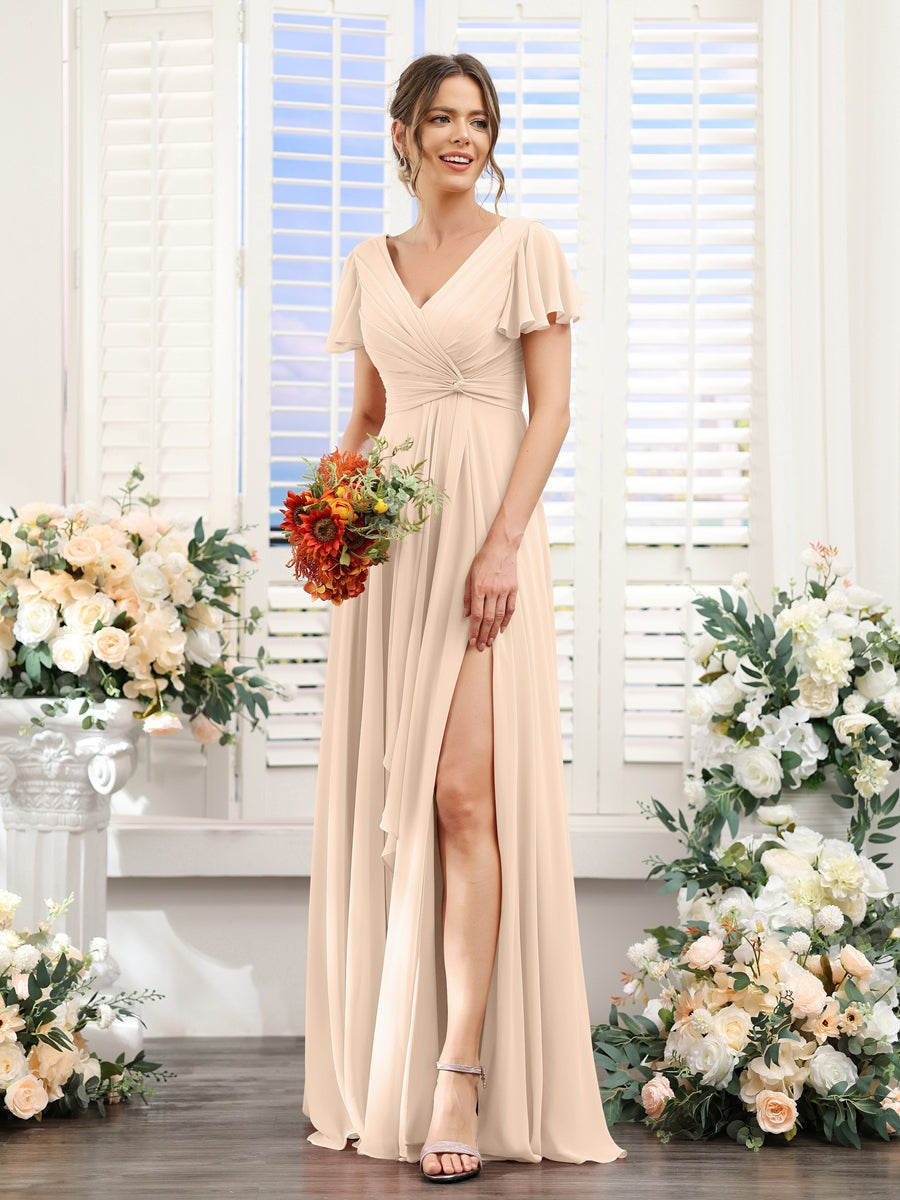 A-Line/Princess V-Neck Short Sleeves Floor-Length Bridesmaid Dresses with Split Side